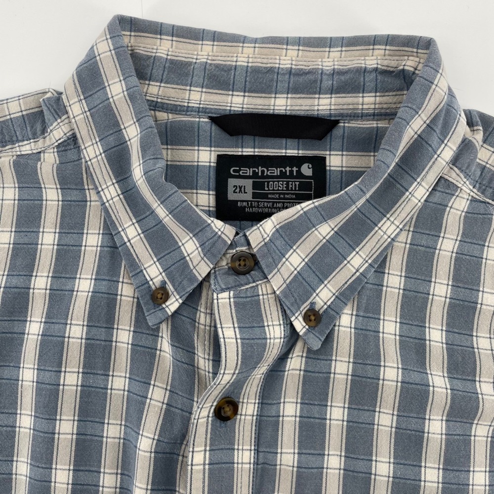 Carhartt Men's 2XL Loose Fit Blue Plaid Short Sleeve Button Down Work Shirt